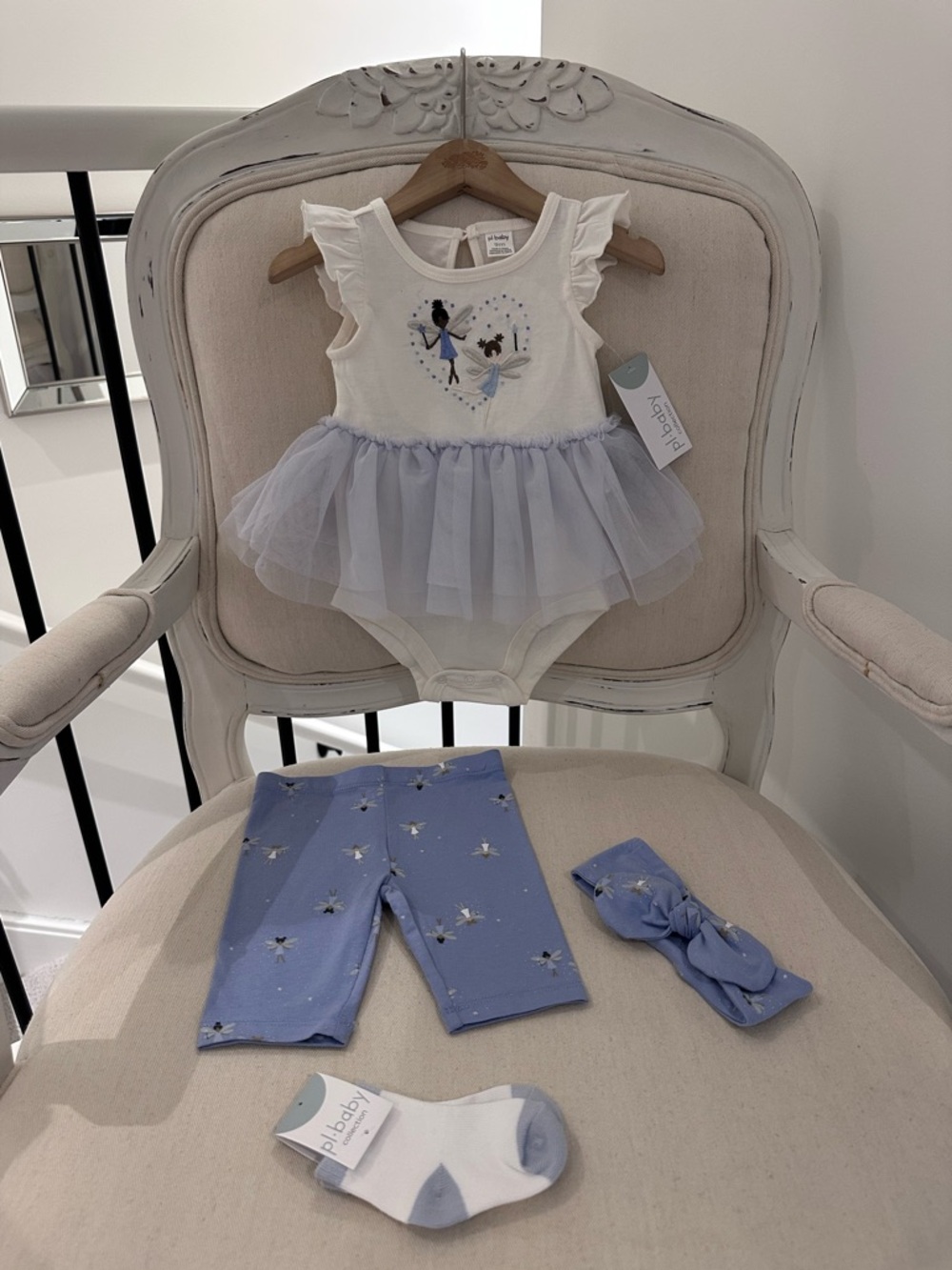 🤍 6~9 Mth Petit Lem Cloud Blue Tutu Bodysuit & Star Leggings Set & Socks NWT